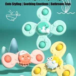 3Pcs Baby Bath Toys – Cartoon Rattles Suction Cup Spinner